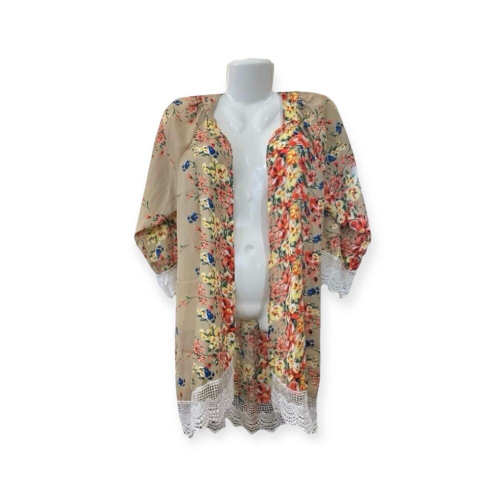 Relipop Women's Tan Floral Print Open-Front Duster/Kimono/Wrap/Coverup | Size M - Picture 1 of 12
